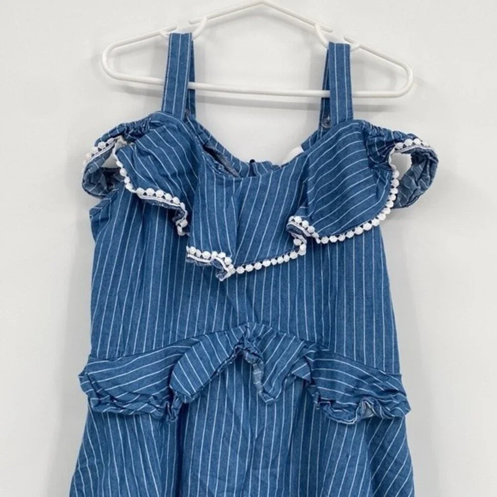 BCBGirls Stripes Off-The-Shoulder Ruffle Trim Summer Dress Blue Size M 10/12